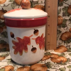 Hallmark ceramic base and lid fall leaf candle with acorn lid.  Used once.